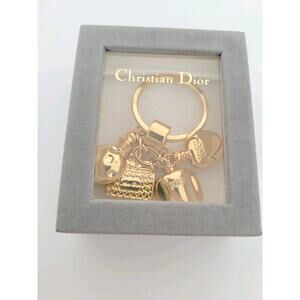 Vintage CHRISTIAN DIOR Gold Plated Perfume Bottles Charm Keychain Key Ring Fob